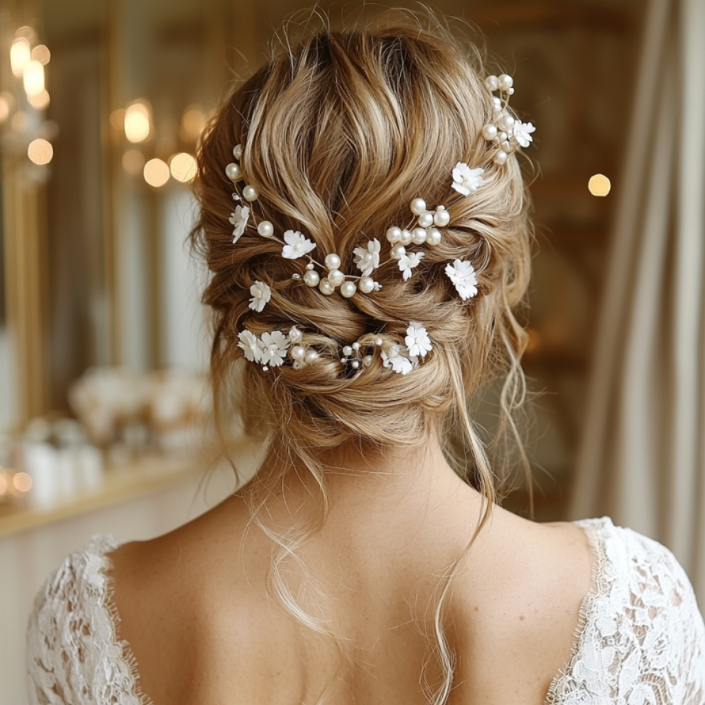 Luxuriöse geflochtene Hochsteckfrisur in glamouröser Umgebung – Go Glow Glam